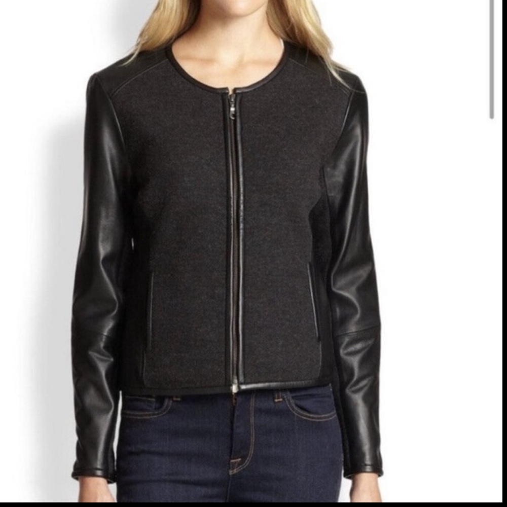 Eileen Fisher Charcoal Gray Body with Black Leather Sleeve Zip Jacket